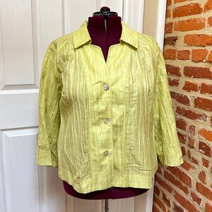 Kate Hill Chartreuse Relaxed Fit Green Crinkled Linen Blend Blouse Jacket